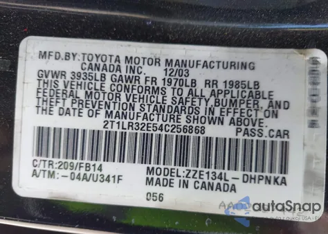 2004 Toyota Matrix Xr z USA, uszkodzony, nr VIN 2T1LR32E54C256868